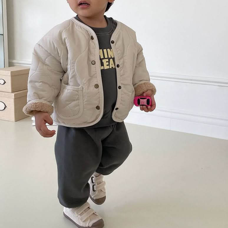 Toddler Sherpa Fleece - Lined Quilted Jacket and Matching Pants (6m - 3y) - Cream kids outfit