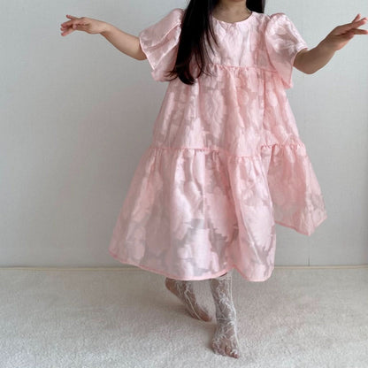Toddler Short Sleeve Rose Jacquard Dress(2 - 6y) - 2 Colors kids outfit