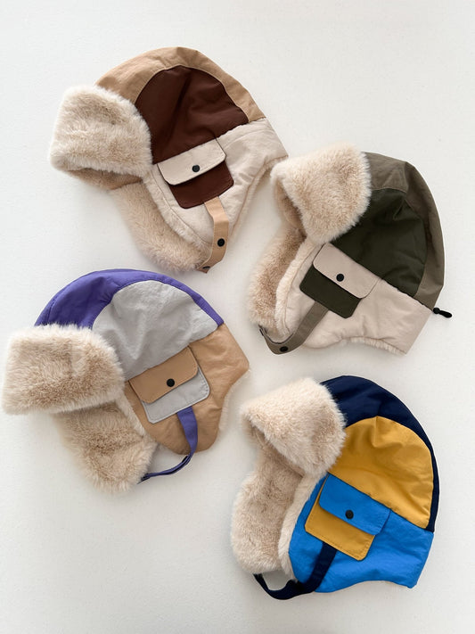 Toddler Soft Fur Lined Colorblock Padded Earflap Hat (6 - 10y) - 4 Colors kids outfit
