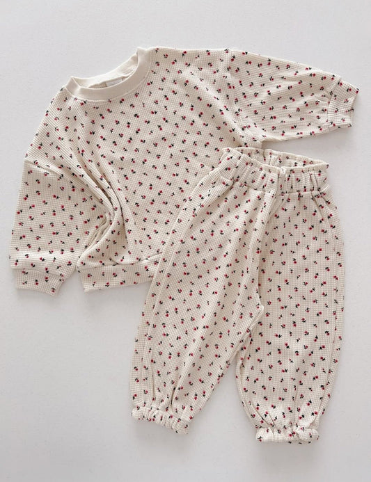 Toddler SP26 Floral Waffle Long Sleeve Sweatshirt and Jogger Pants Set (2 - 8y) - Ivory - AT NOON STORE