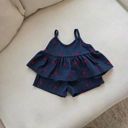 Toddler SP26 Heart Sleeveless Peplum Top and Shorts Set (1 - 8y) - Denim kids outfit
