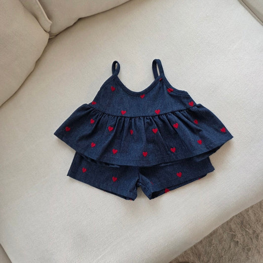 Toddler SP26 Heart Sleeveless Peplum Top and Shorts Set (1 - 8y) - Denim kids outfit