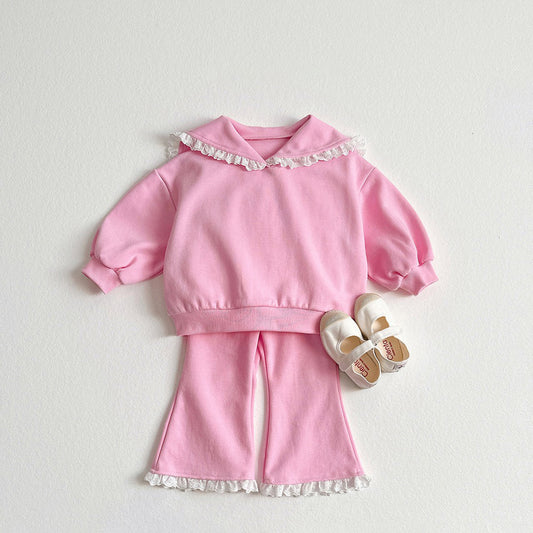 Toddler SP26 Lace Trim Sailor Collar Long Sleeve Sweatshirt and Flare Pants Set (2 - 8y) - Pink - AT NOON STORE