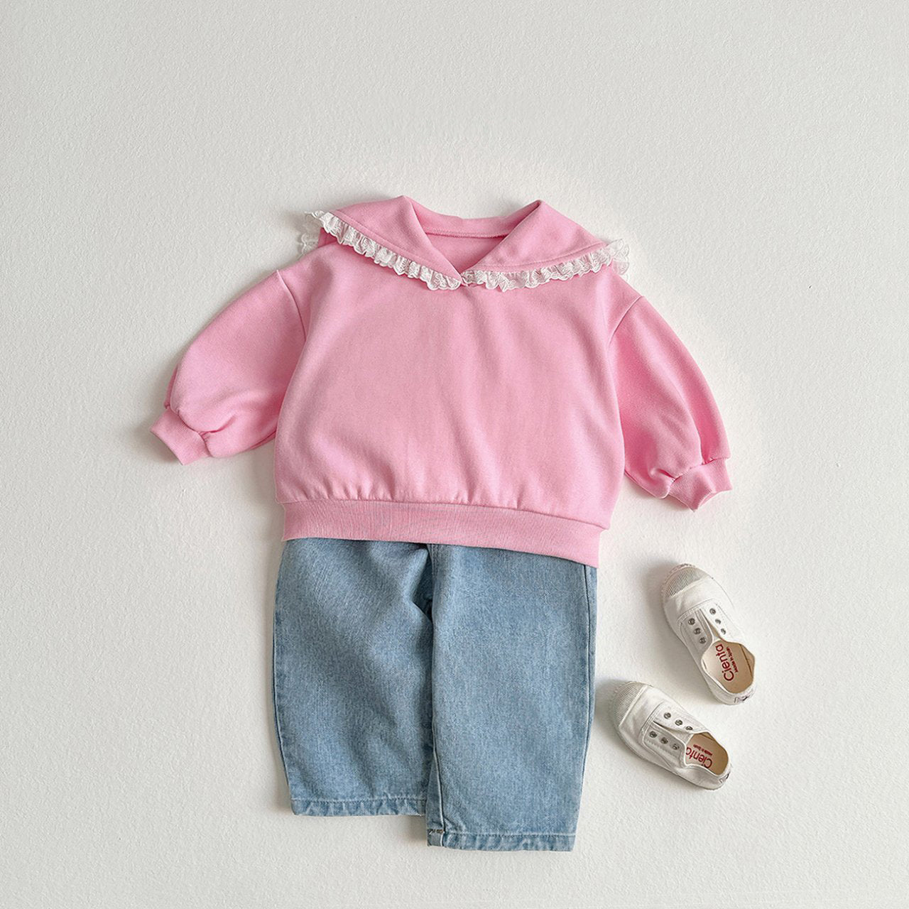 Toddler SP26 Lace Trim Sailor Collar Long Sleeve Sweatshirt and Flare Pants Set (2 - 8y) - Pink - AT NOON STORE