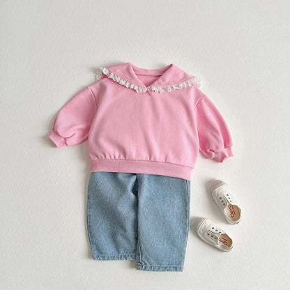 Toddler SP26 Lace Trim Sailor Collar Long Sleeve Sweatshirt and Flare Pants Set (2 - 8y) - Pink - AT NOON STORE