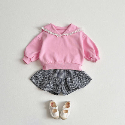 Toddler SP26 Lace Trim Sailor Collar Long Sleeve Sweatshirt and Flare Pants Set (2 - 8y) - Pink - AT NOON STORE