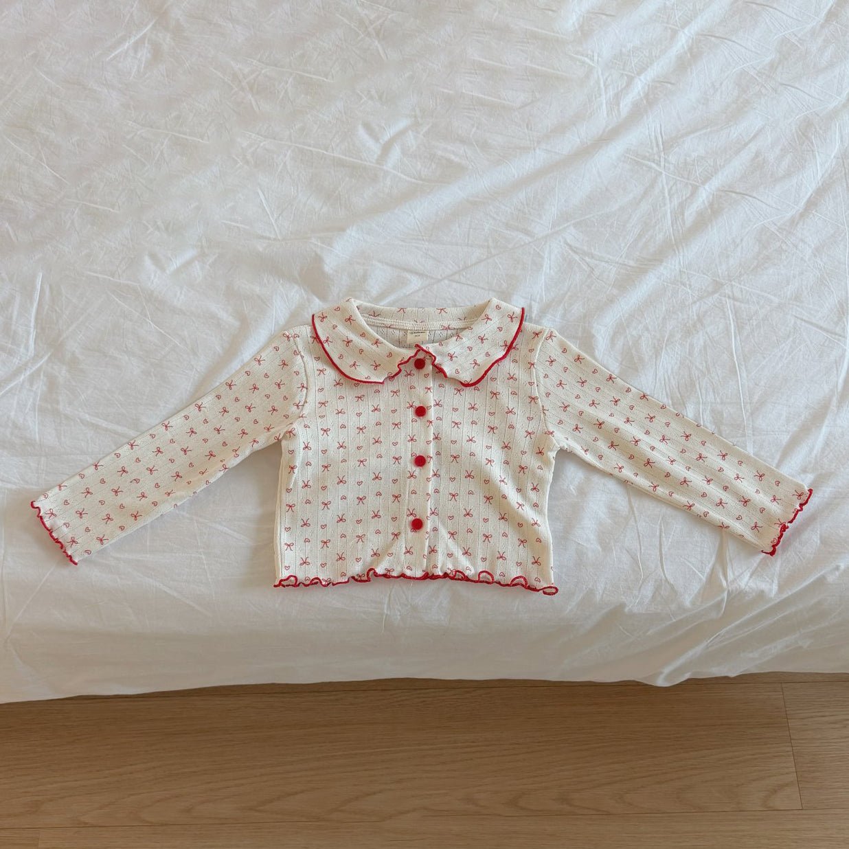 Toddler SP26 Lettuce - edge Bow Print Pointelle Collared Cardigan (2 - 8y) - Ivory - AT NOON STORE