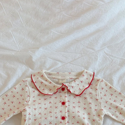 Toddler SP26 Lettuce - edge Bow Print Pointelle Collared Cardigan (2 - 8y) - Ivory - AT NOON STORE