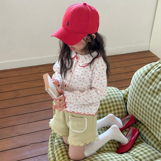 Toddler SP26 Lettuce - edge Bow Print Pointelle Collared Cardigan (2 - 8y) - Ivory - AT NOON STORE