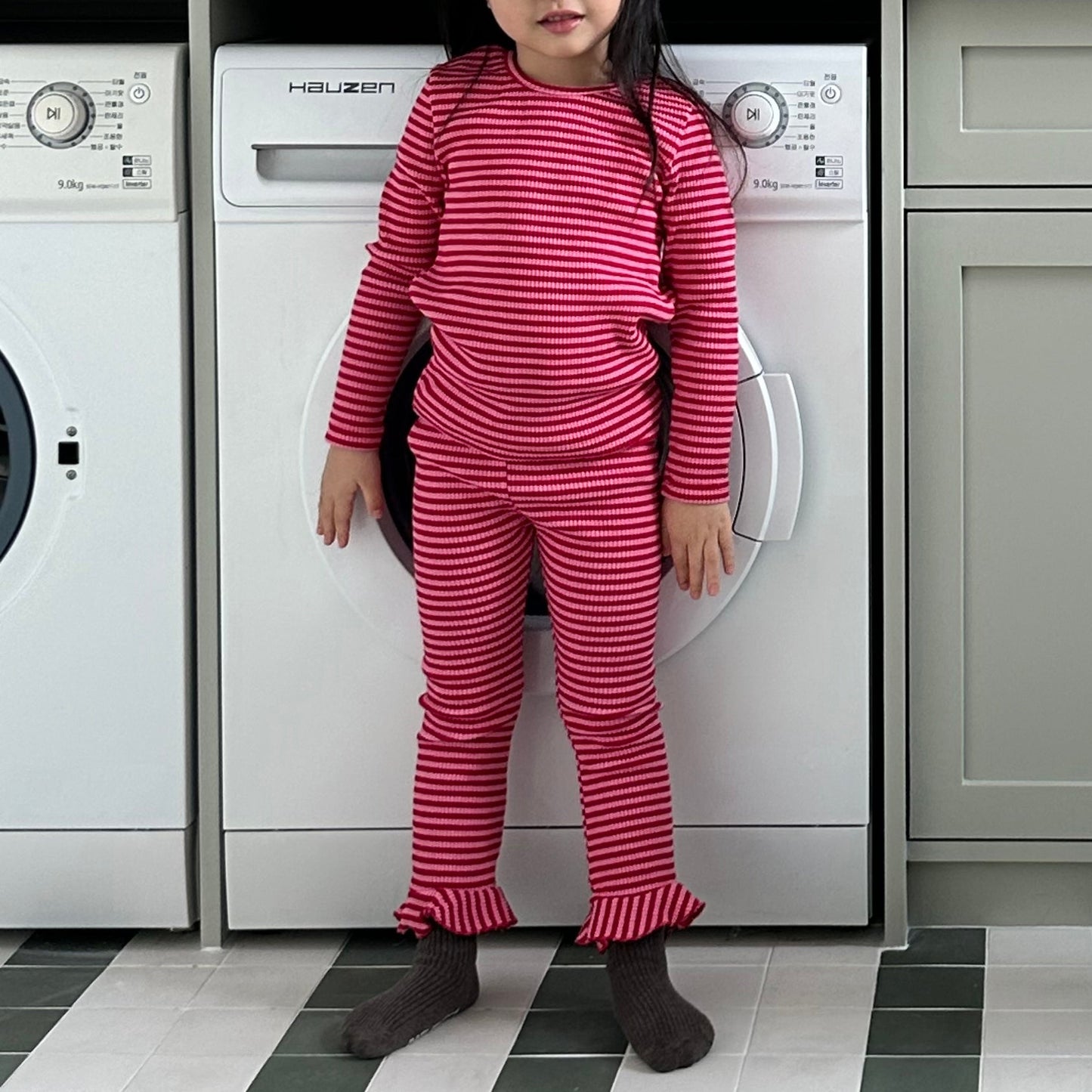 Toddler SP26 Ribbed Stripe Long Sleeve Top (1 - 7y) - Pink kids outfit