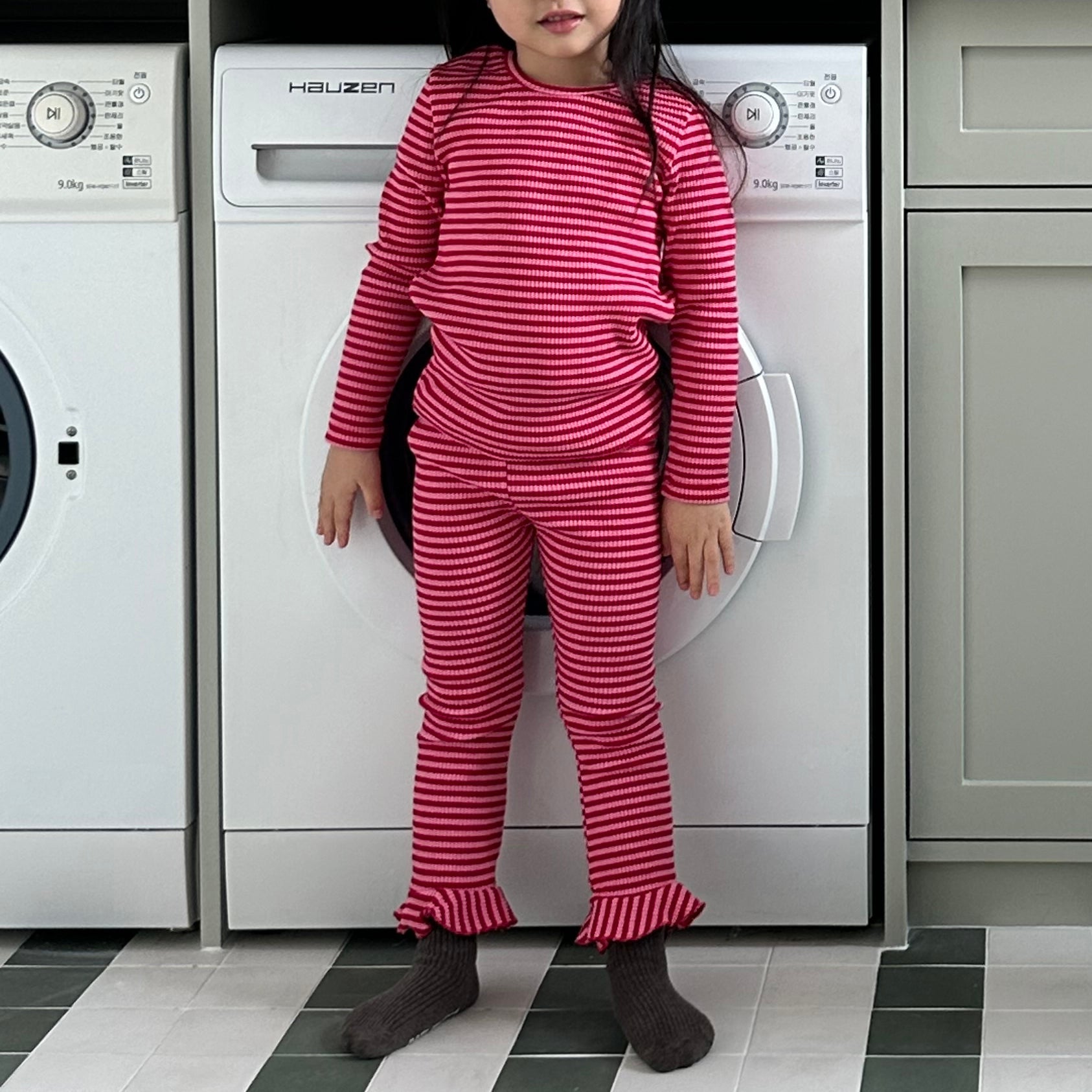 Toddler SP26 Ribbed Stripe Long Sleeve Top (1 - 7y) - Pink kids outfit