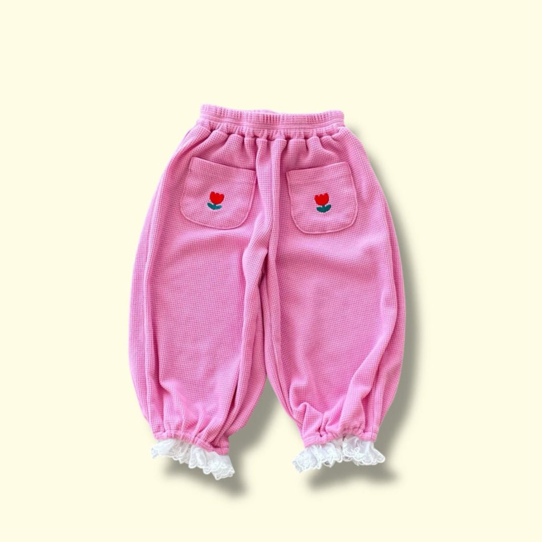 Toddler SP26 Tulip Embroidery Pocket Lace Trim Waffle Jogger Pants (3 - 7y) - 2 Colors - AT NOON STORE