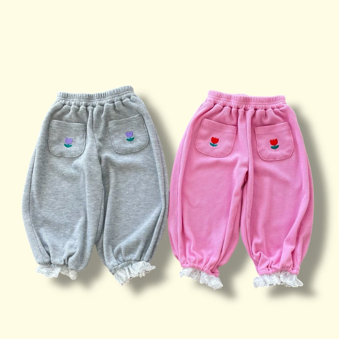 Toddler SP26 Tulip Embroidery Pocket Lace Trim Waffle Jogger Pants (3 - 7y) - 2 Colors - AT NOON STORE