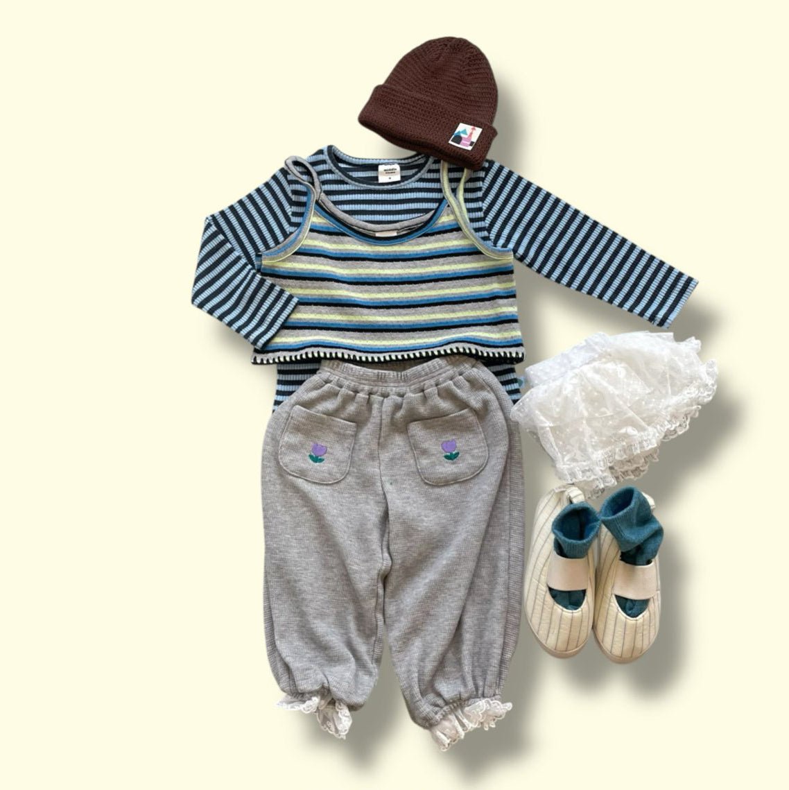 Toddler SP26 Tulip Embroidery Pocket Lace Trim Waffle Jogger Pants (3 - 7y) - 2 Colors - AT NOON STORE