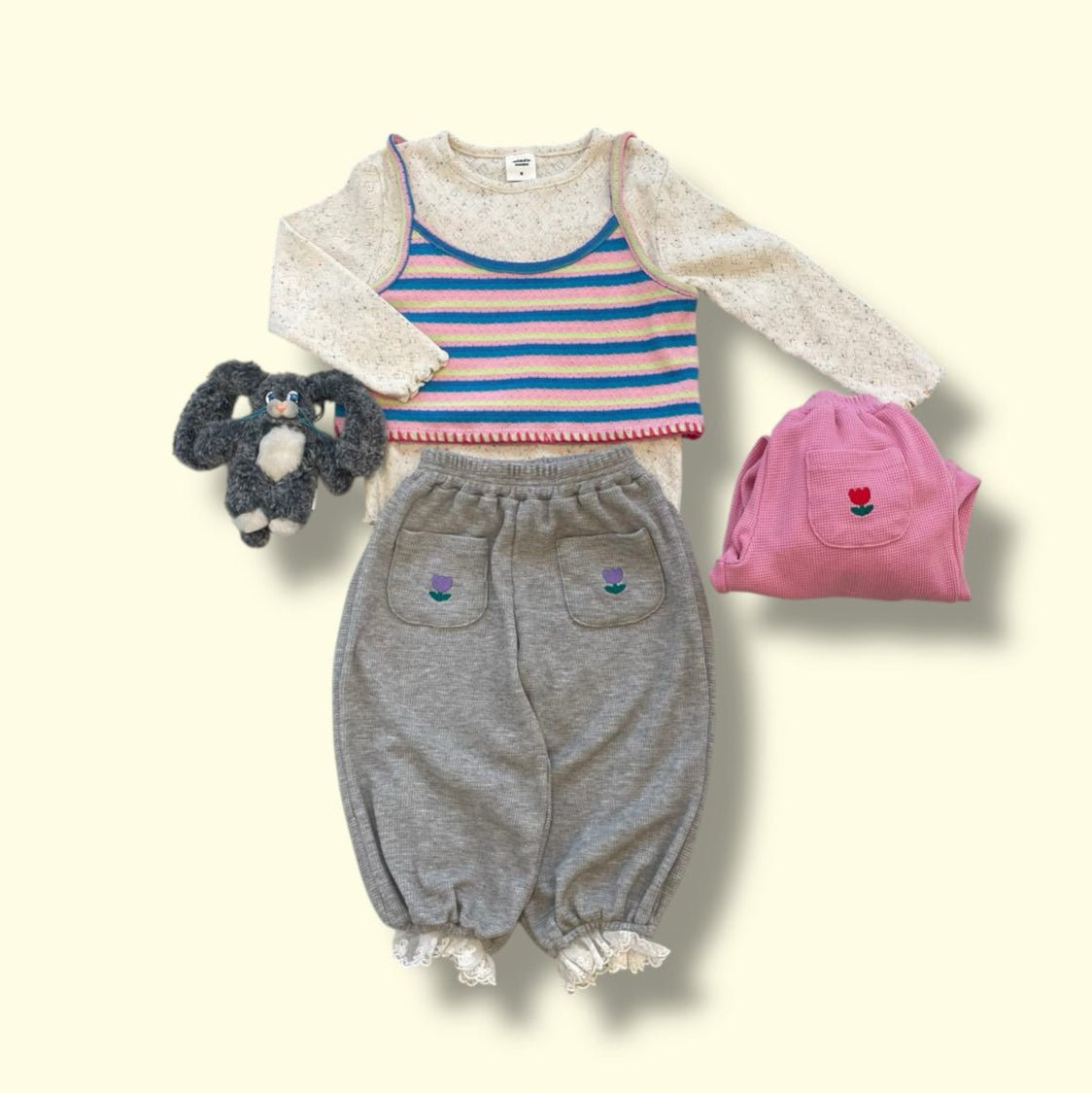 Toddler SP26 Tulip Embroidery Pocket Lace Trim Waffle Jogger Pants (3 - 7y) - 2 Colors - AT NOON STORE
