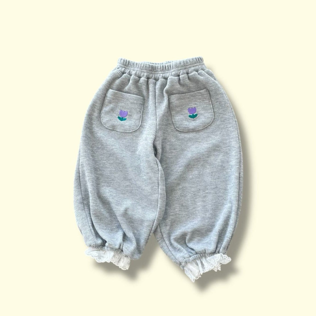 Toddler SP26 Tulip Embroidery Pocket Lace Trim Waffle Jogger Pants (3 - 7y) - 2 Colors - AT NOON STORE