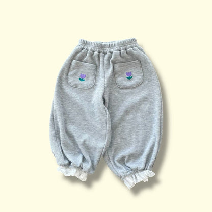 Toddler SP26 Tulip Embroidery Pocket Lace Trim Waffle Jogger Pants (3 - 7y) - 2 Colors - AT NOON STORE