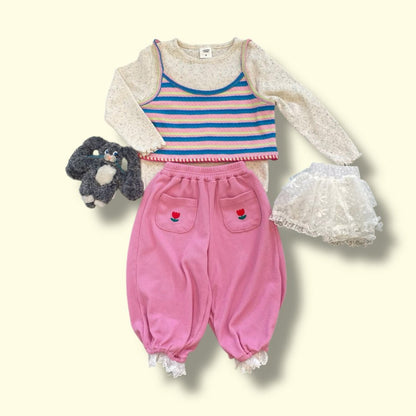 Toddler SP26 Tulip Embroidery Pocket Lace Trim Waffle Jogger Pants (3 - 7y) - 2 Colors - AT NOON STORE