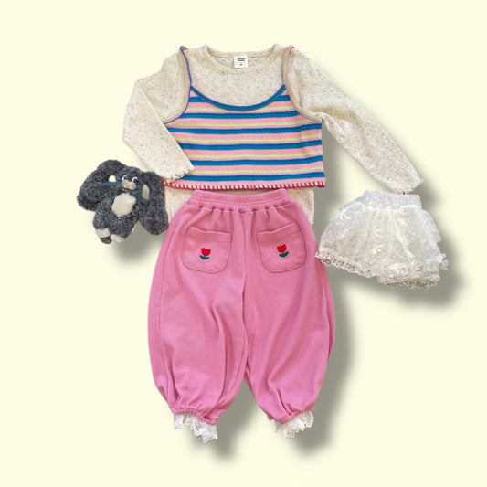 Toddler SP26 Tulip Embroidery Pocket Lace Trim Waffle Jogger Pants (3 - 7y) - 2 Colors - AT NOON STORE