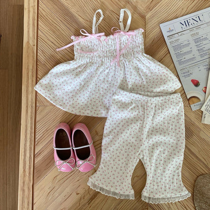 Toddler SS25 Adjustable Strap Smocked Sleeveless Top and Lace Shorts Set (2 - 7y) - 2 Colors kids outfit