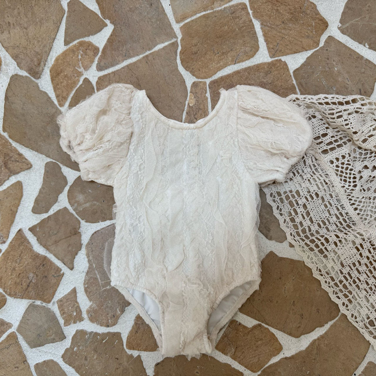 Toddler SS25 Puff Sleeve Lace One - Piece Swimsuit (1 - 6y) - Ivory kids outfit