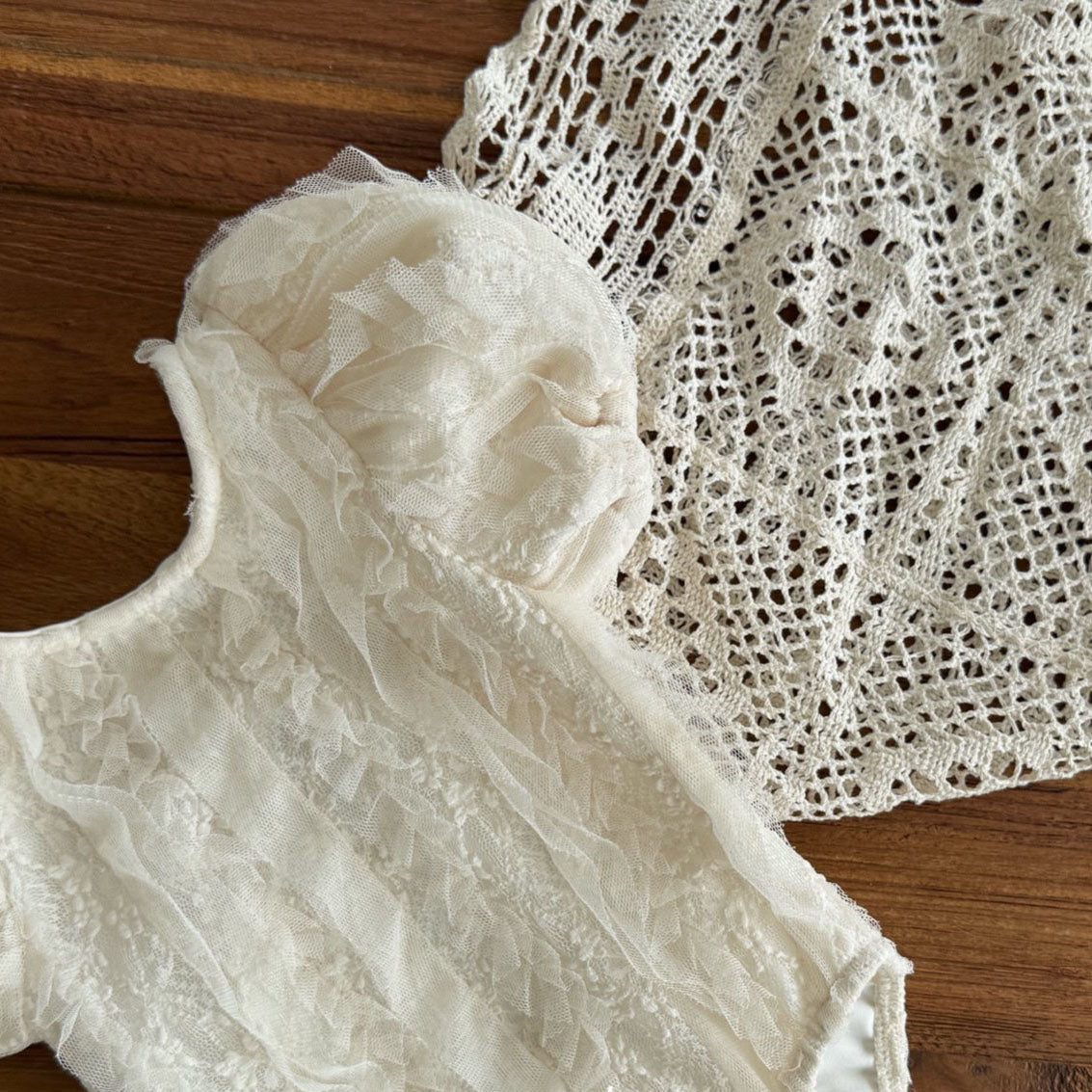 Toddler SS25 Puff Sleeve Lace One - Piece Swimsuit (1 - 6y) - Ivory kids outfit