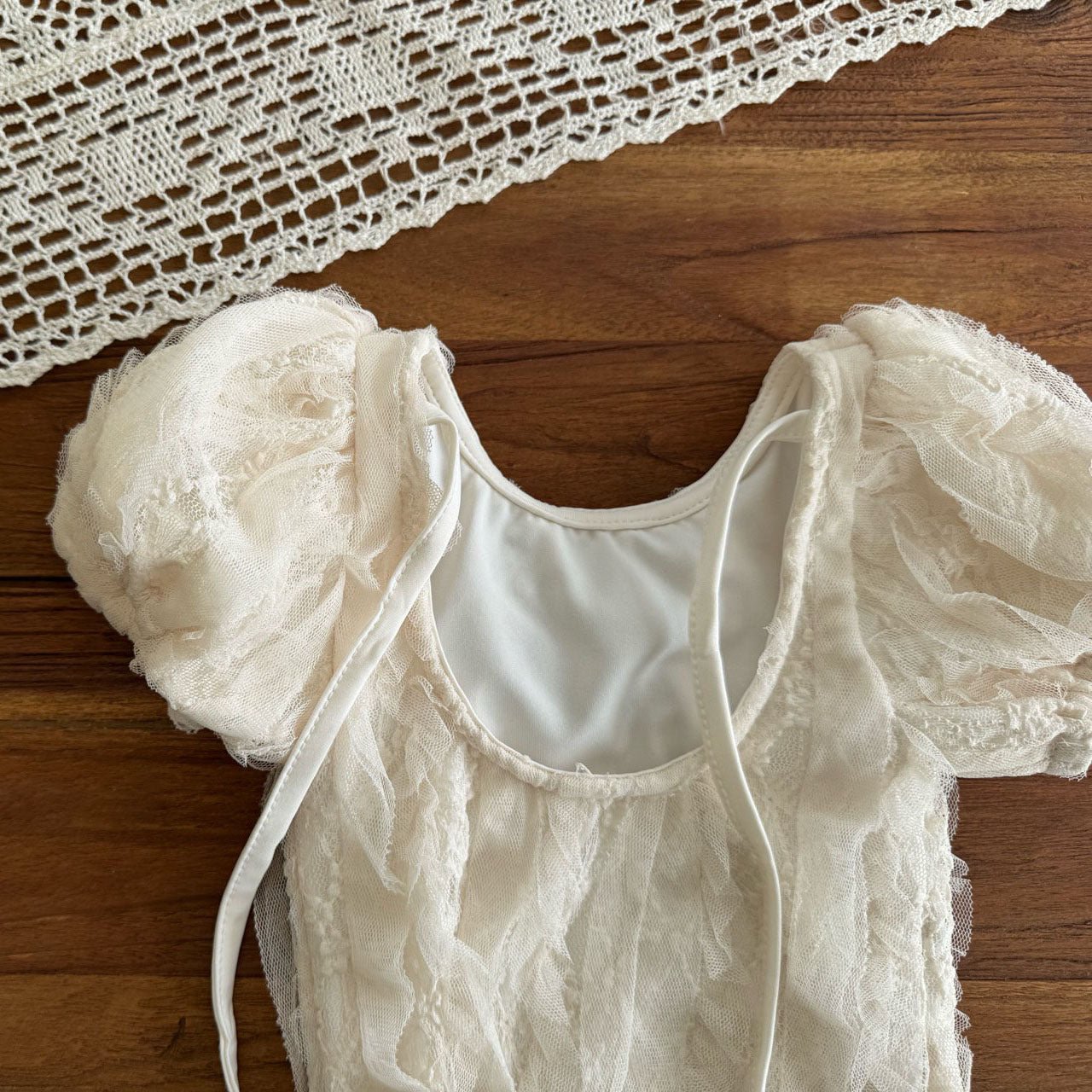Toddler SS25 Puff Sleeve Lace One - Piece Swimsuit (1 - 6y) - Ivory kids outfit