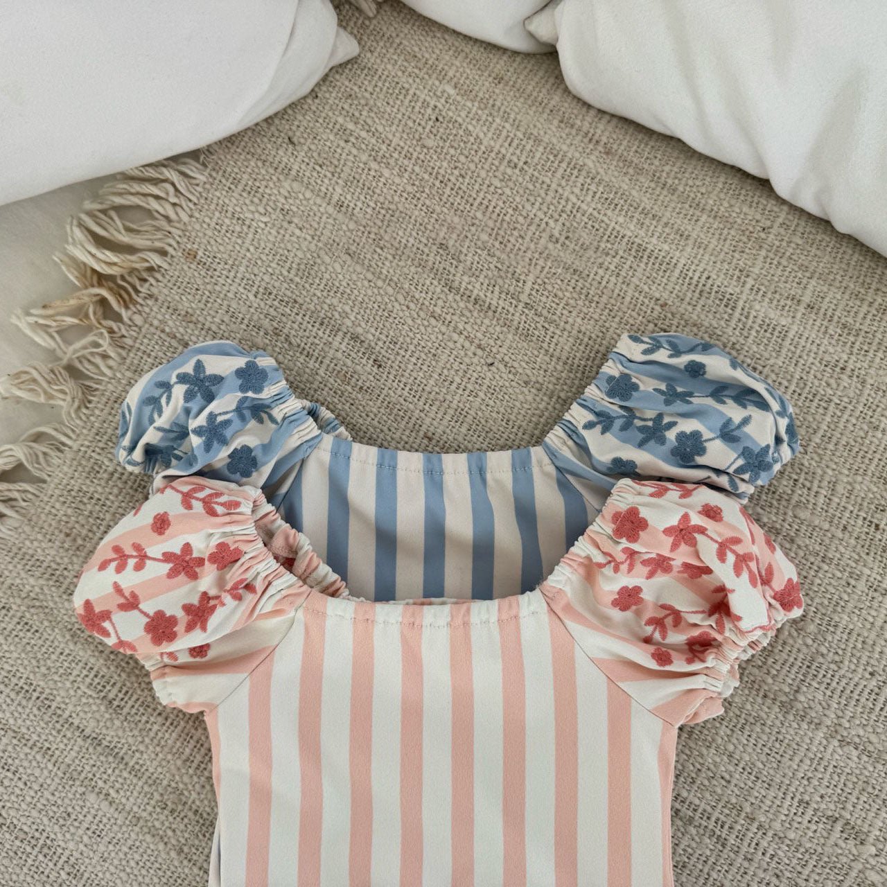 Toddler SS25 Stripe Floral Embroidery Puff Sleeve One - Piece Swimsuit (1 - 6y) - 2 Colors kids outfit