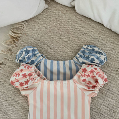 Toddler SS25 Stripe Floral Embroidery Puff Sleeve One - Piece Swimsuit (1 - 6y) - 2 Colors kids outfit