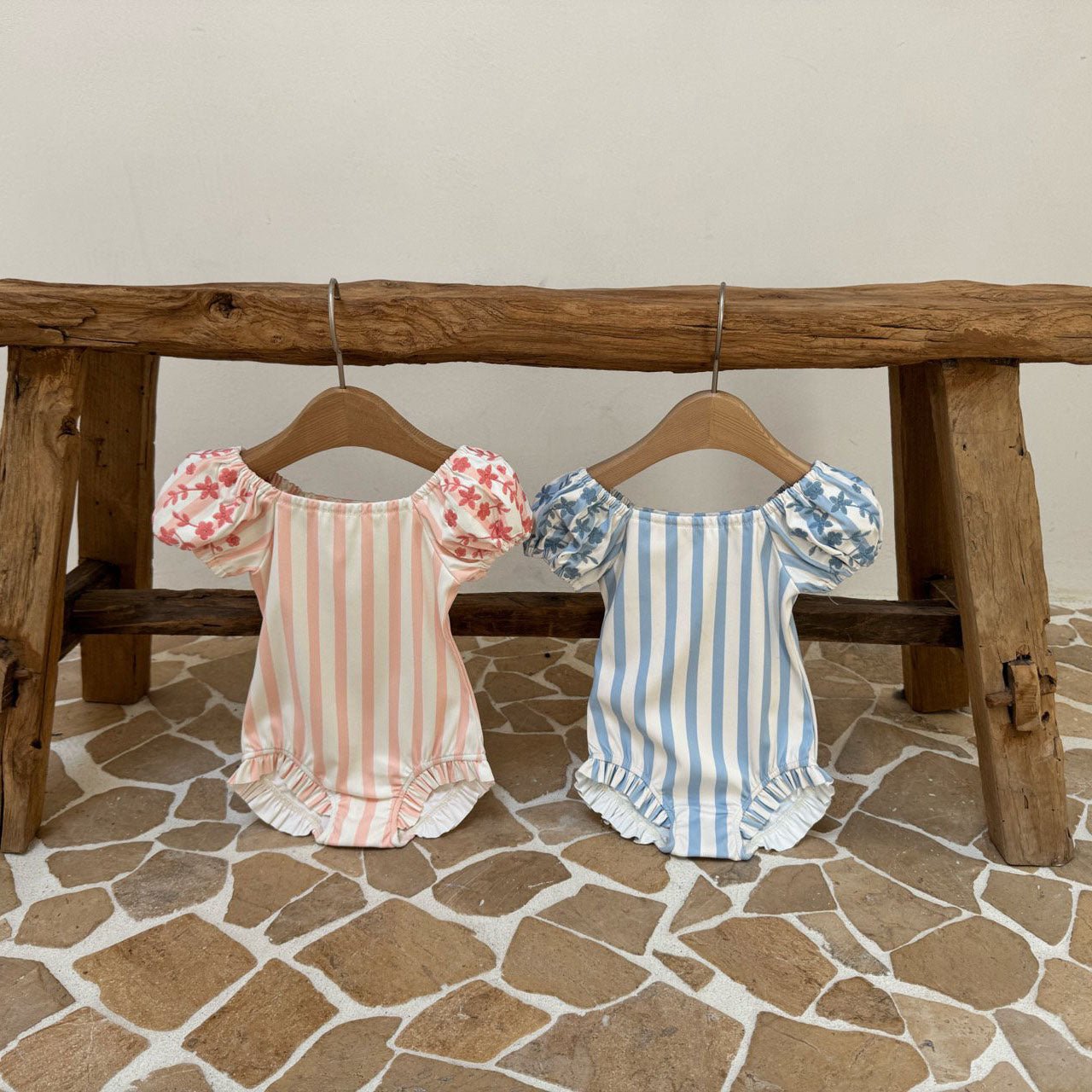Toddler SS25 Stripe Floral Embroidery Puff Sleeve One - Piece Swimsuit (1 - 6y) - 2 Colors kids outfit