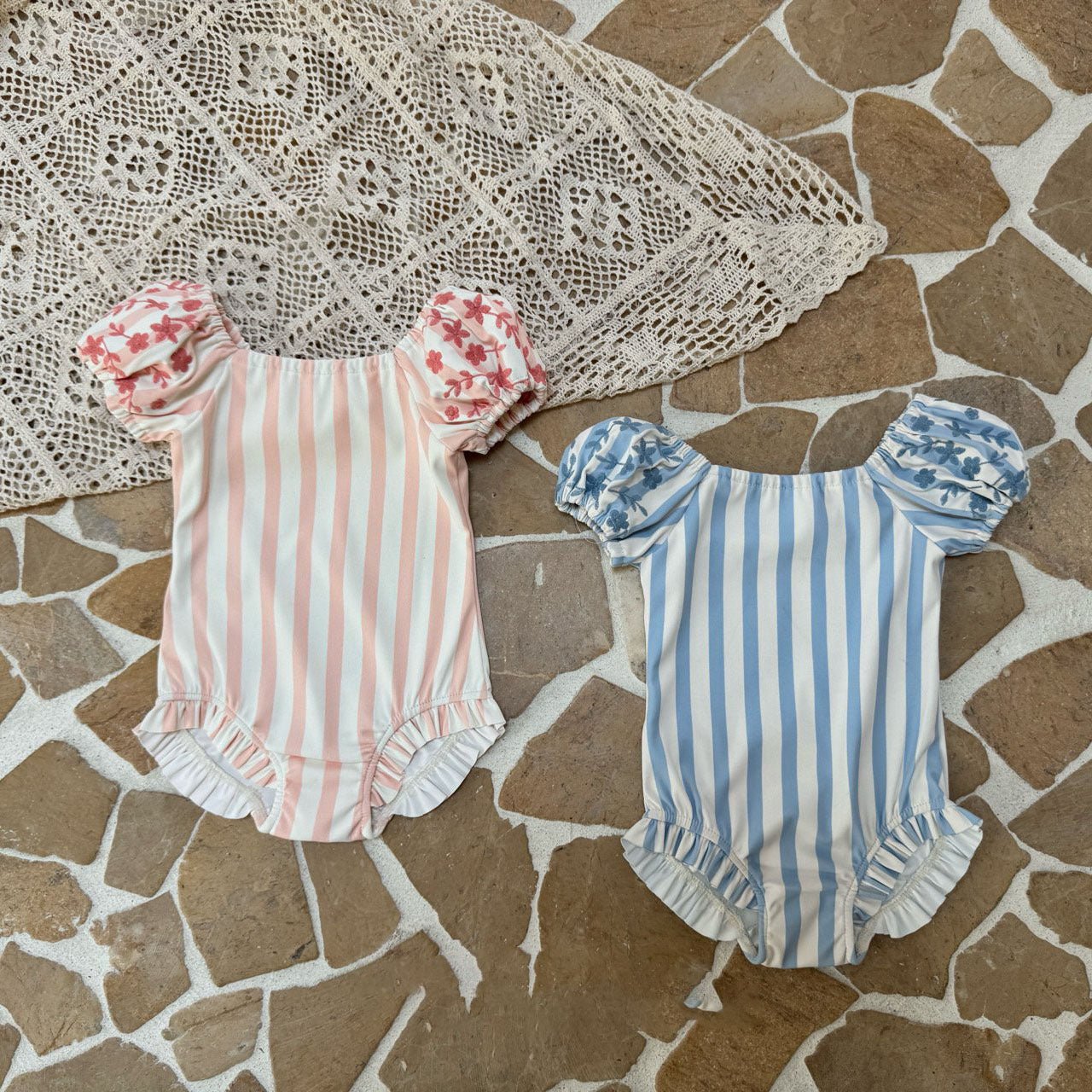 Toddler SS25 Stripe Floral Embroidery Puff Sleeve One - Piece Swimsuit (1 - 6y) - 2 Colors kids outfit