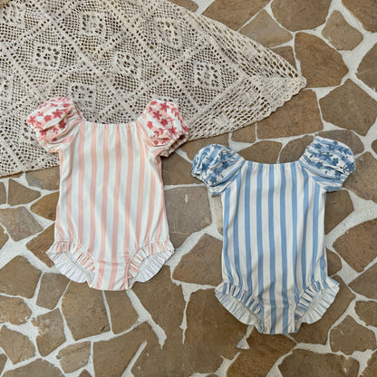 Toddler SS25 Stripe Floral Embroidery Puff Sleeve One - Piece Swimsuit (1 - 6y) - 2 Colors kids outfit