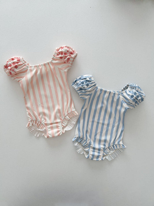 Toddler SS25 Stripe Floral Embroidery Puff Sleeve One - Piece Swimsuit (1 - 6y) - 2 Colors kids outfit