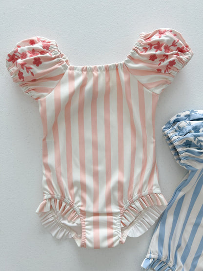 Toddler SS25 Stripe Floral Embroidery Puff Sleeve One - Piece Swimsuit (1 - 6y) - 2 Colors kids outfit