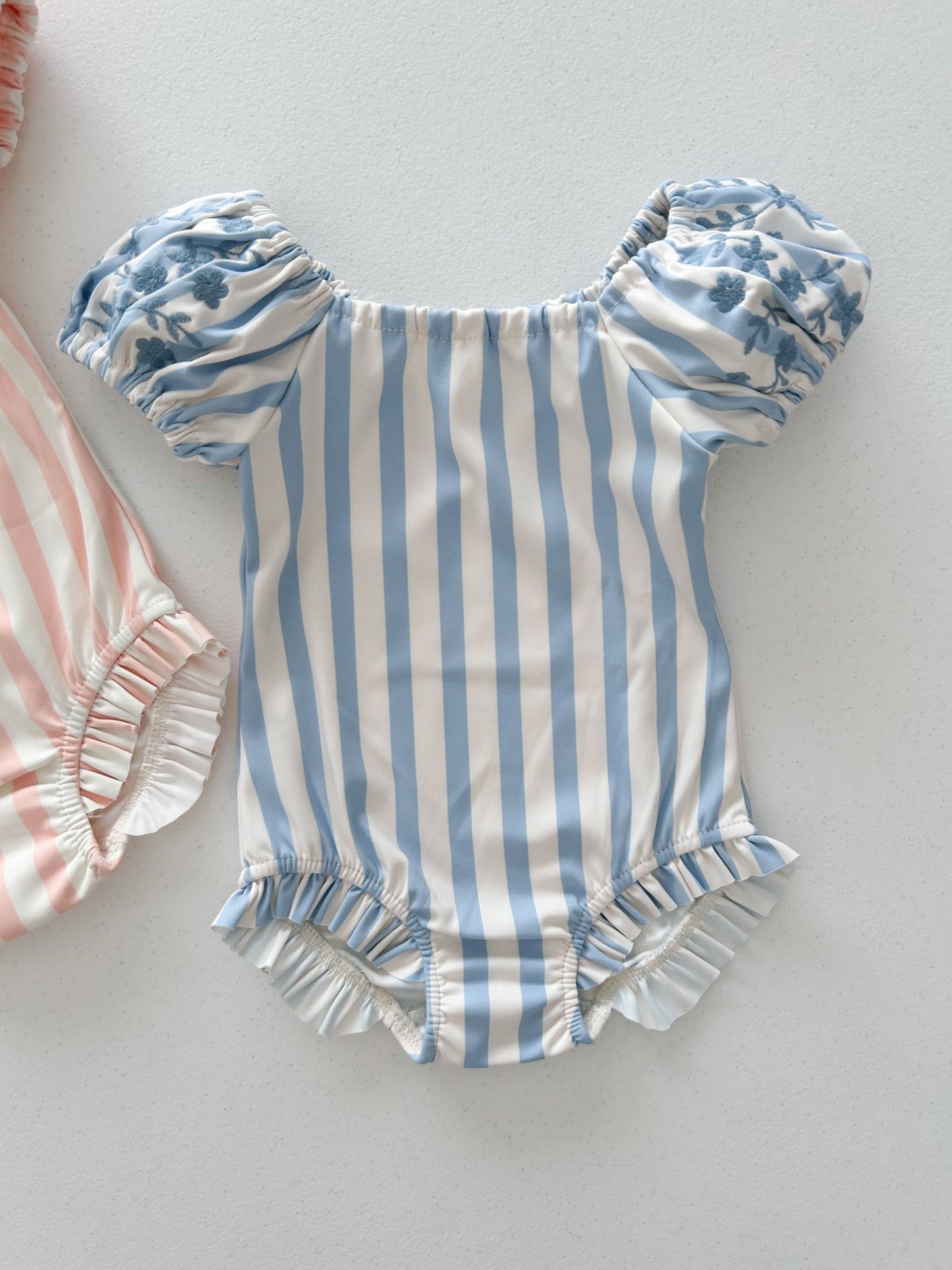 Toddler SS25 Stripe Floral Embroidery Puff Sleeve One - Piece Swimsuit (1 - 6y) - 2 Colors kids outfit