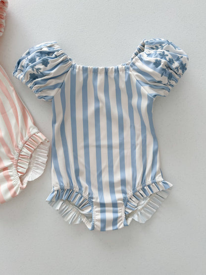 Toddler SS25 Stripe Floral Embroidery Puff Sleeve One - Piece Swimsuit (1 - 6y) - 2 Colors kids outfit