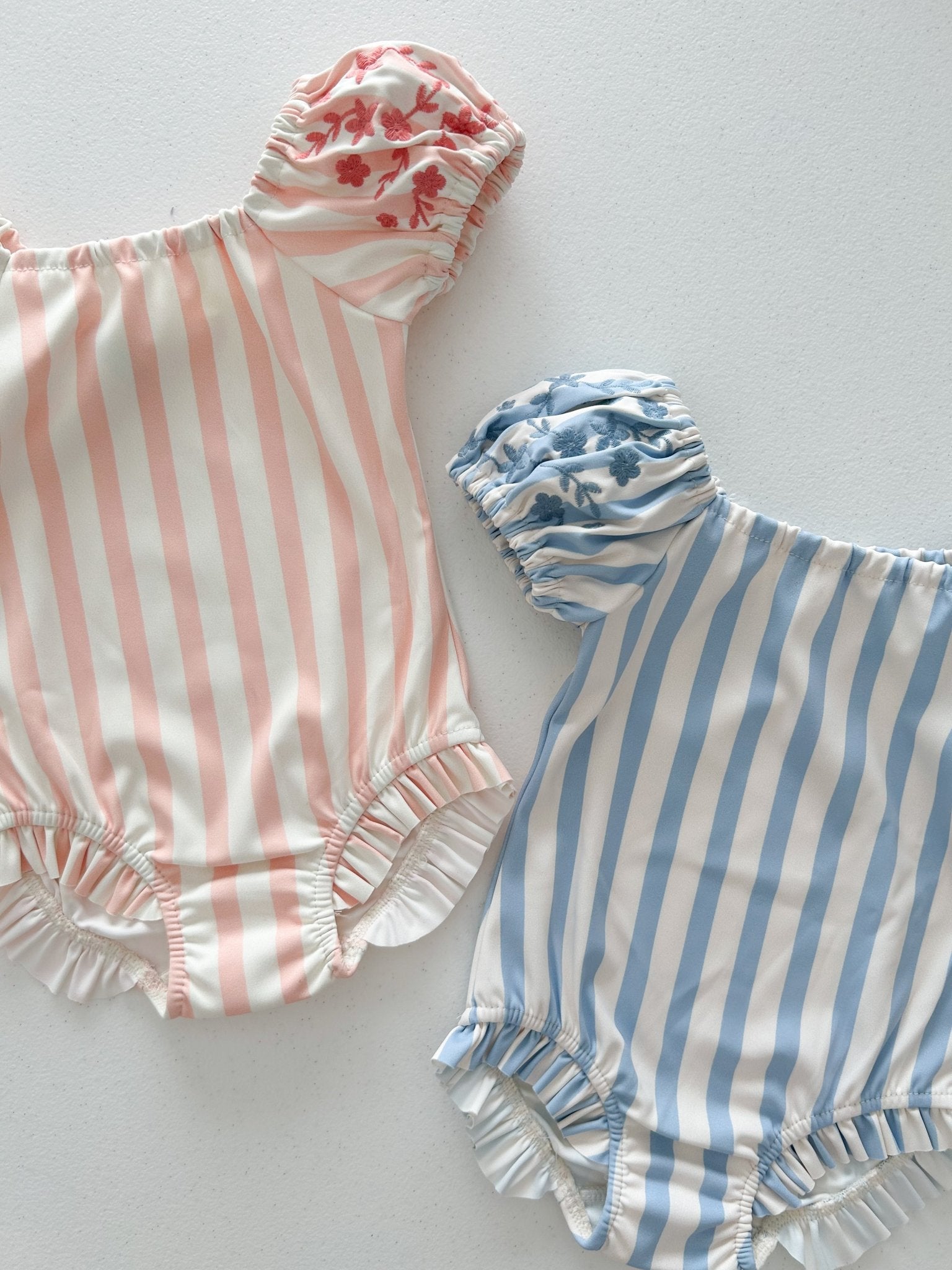Toddler SS25 Stripe Floral Embroidery Puff Sleeve One - Piece Swimsuit (1 - 6y) - 2 Colors kids outfit