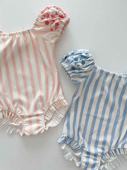 Toddler SS25 Stripe Floral Embroidery Puff Sleeve One - Piece Swimsuit (1 - 6y) - 2 Colors kids outfit