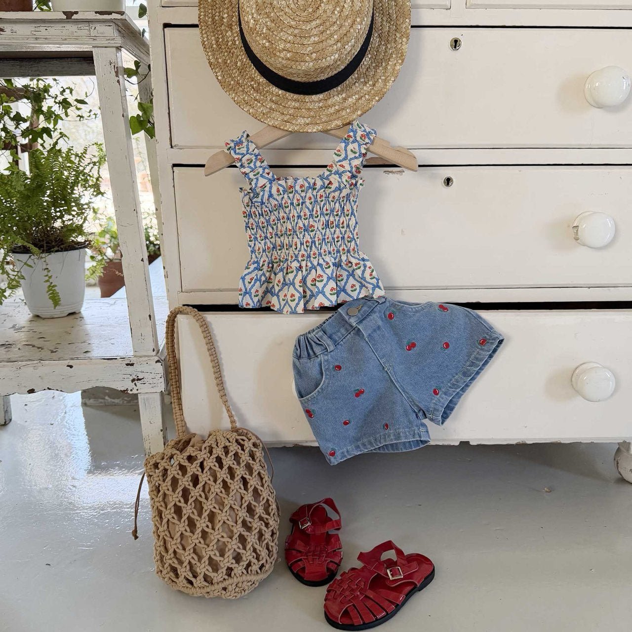 Toddler SS26 Cherry Embroidery Denim Shorts (1 - 6y) - Denim - AT NOON STORE