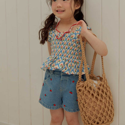 Toddler SS26 Cherry Embroidery Denim Shorts (1 - 6y) - Denim - AT NOON STORE