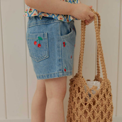 Toddler SS26 Cherry Embroidery Denim Shorts (1 - 6y) - Denim - AT NOON STORE