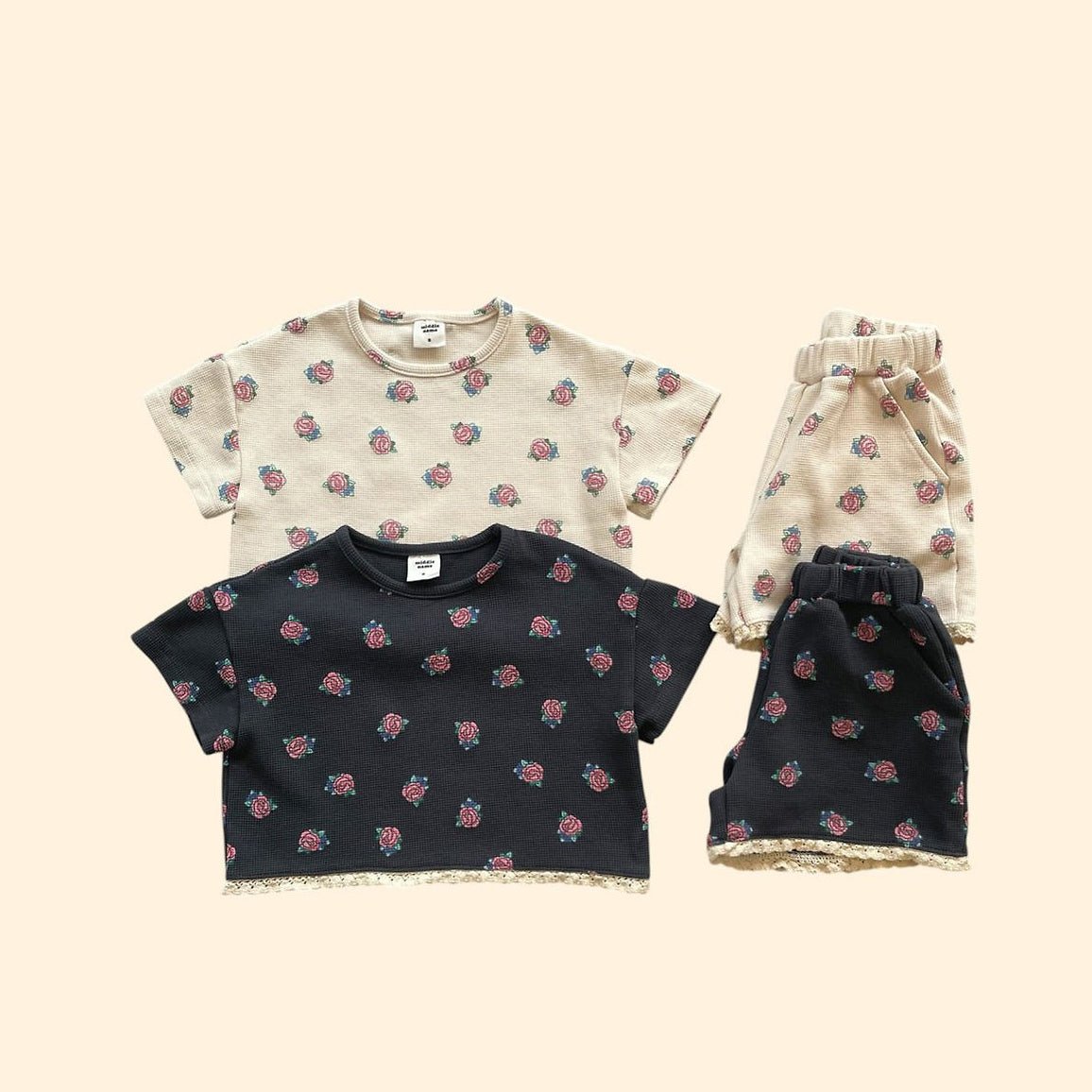 Toddler SS26 Floral Waffle Lace Detail Short Sleeve Semi Crop Top and Shorts Set (3 - 7y) - 2 Colors - AT NOON STORE