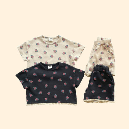 Toddler SS26 Floral Waffle Lace Detail Short Sleeve Semi Crop Top and Shorts Set (3 - 7y) - 2 Colors - AT NOON STORE