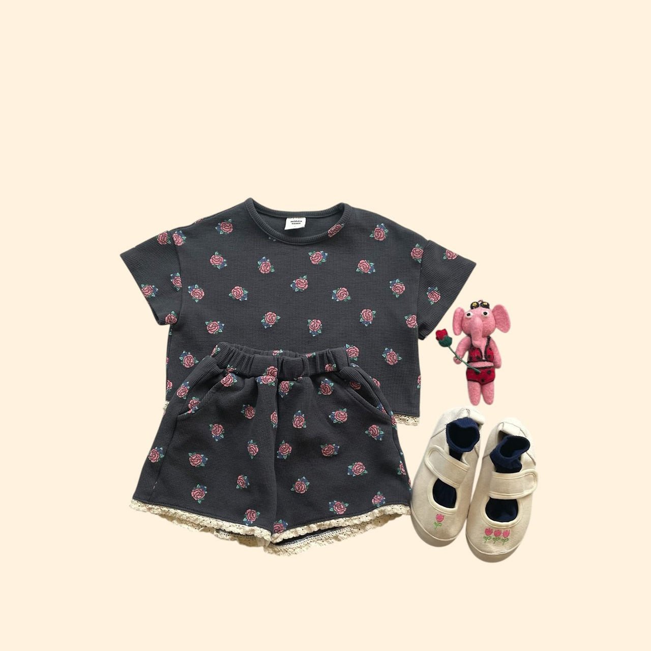 Toddler SS26 Floral Waffle Lace Detail Short Sleeve Semi Crop Top and Shorts Set (3 - 7y) - 2 Colors - AT NOON STORE