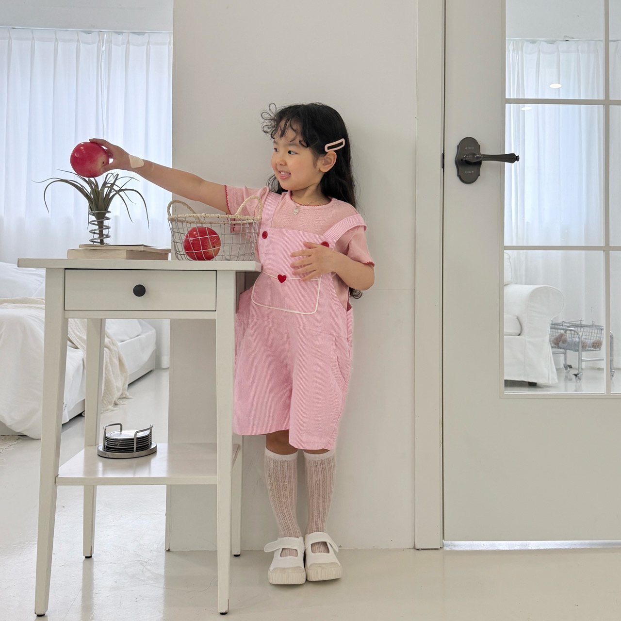 Toddler SS26 Heart Embroidery Stripe Overalls (3 - 7y) - Pink - AT NOON STORE