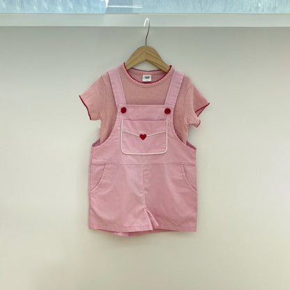 Toddler SS26 Heart Embroidery Stripe Overalls (3 - 7y) - Pink - AT NOON STORE