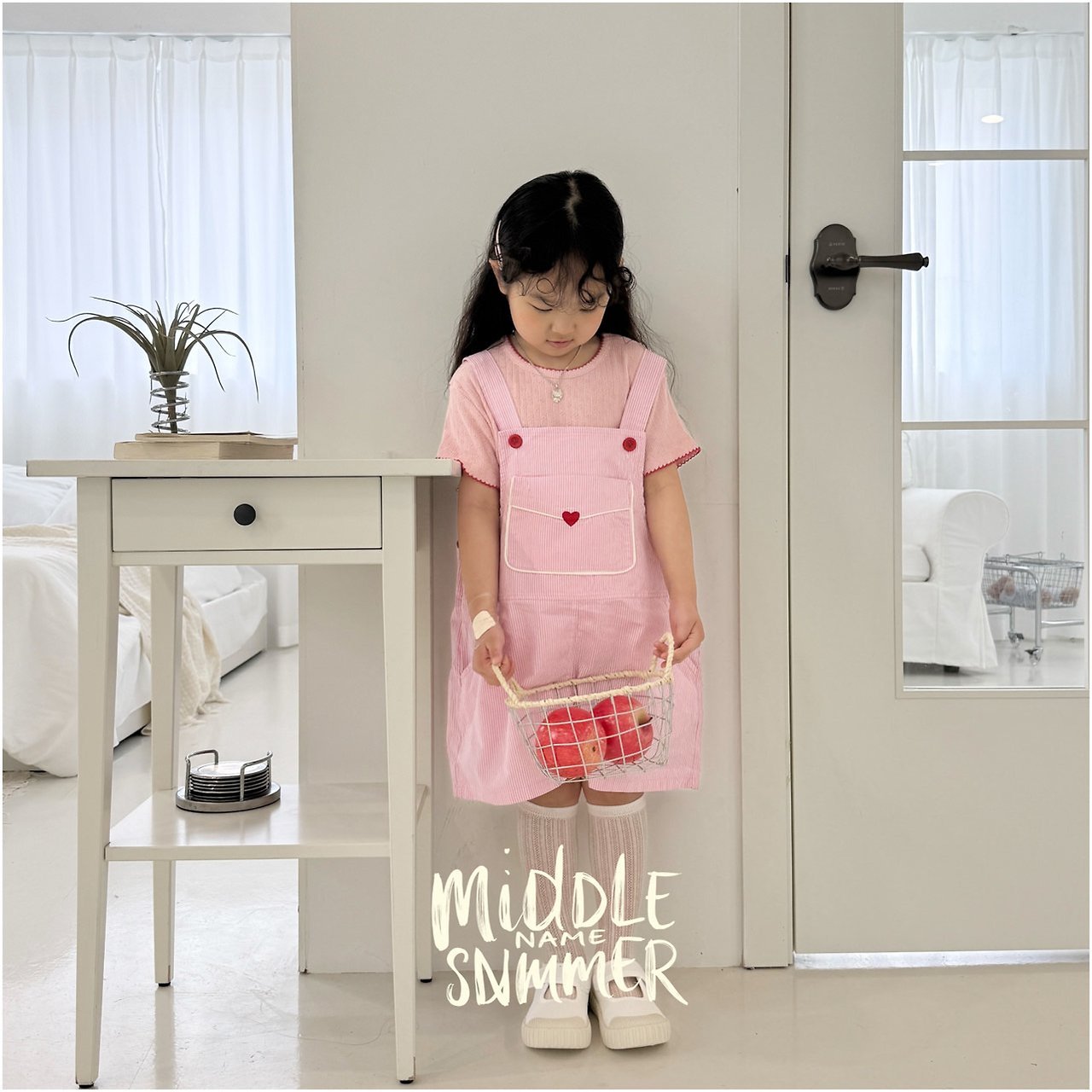 Toddler SS26 Heart Embroidery Stripe Overalls (3 - 7y) - Pink - AT NOON STORE