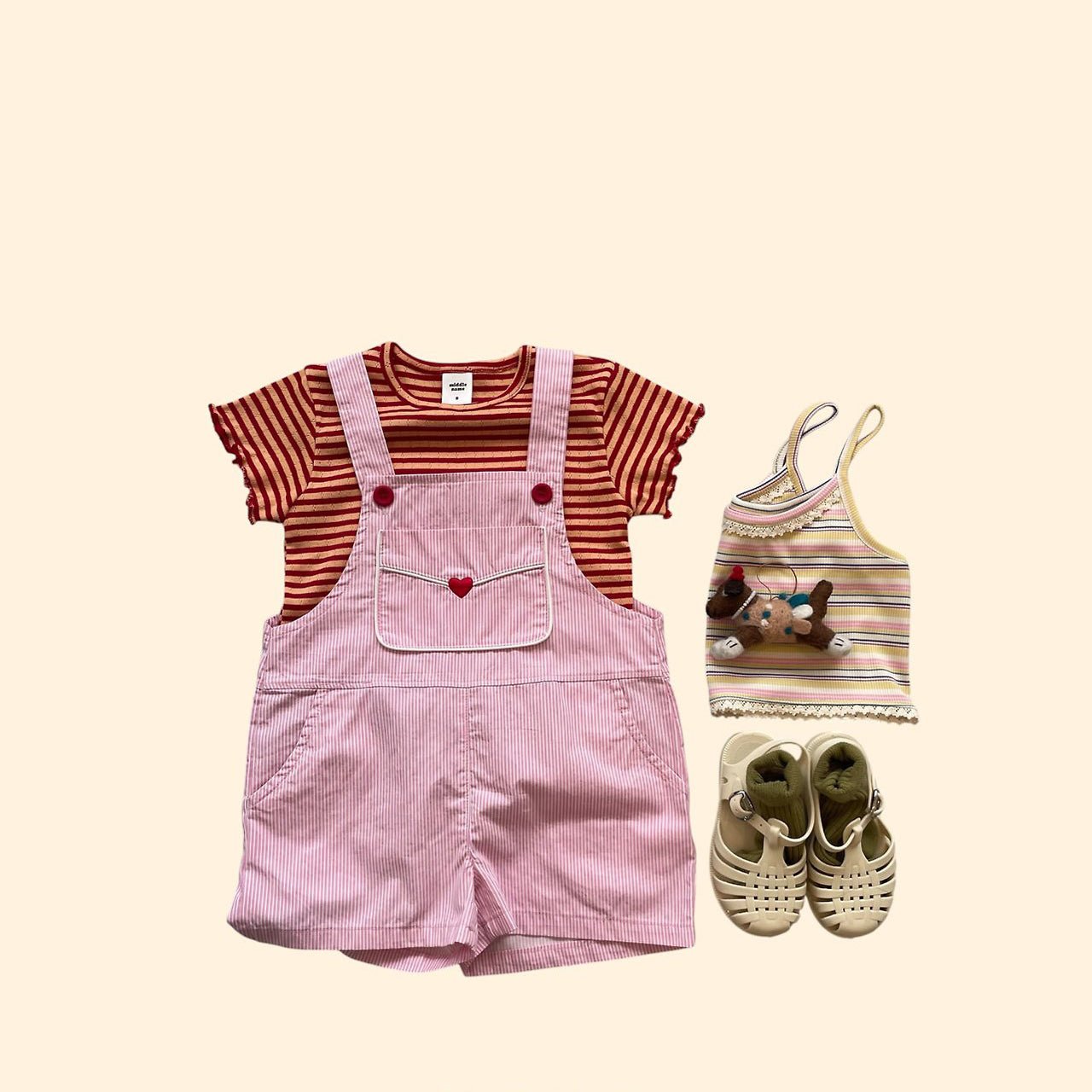 Toddler SS26 Heart Embroidery Stripe Overalls (3 - 7y) - Pink - AT NOON STORE