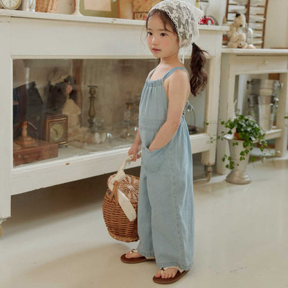 Toddler SS26 Heart Pocket Tie Back Overalls (1 - 6y) - Light Denim - AT NOON STORE