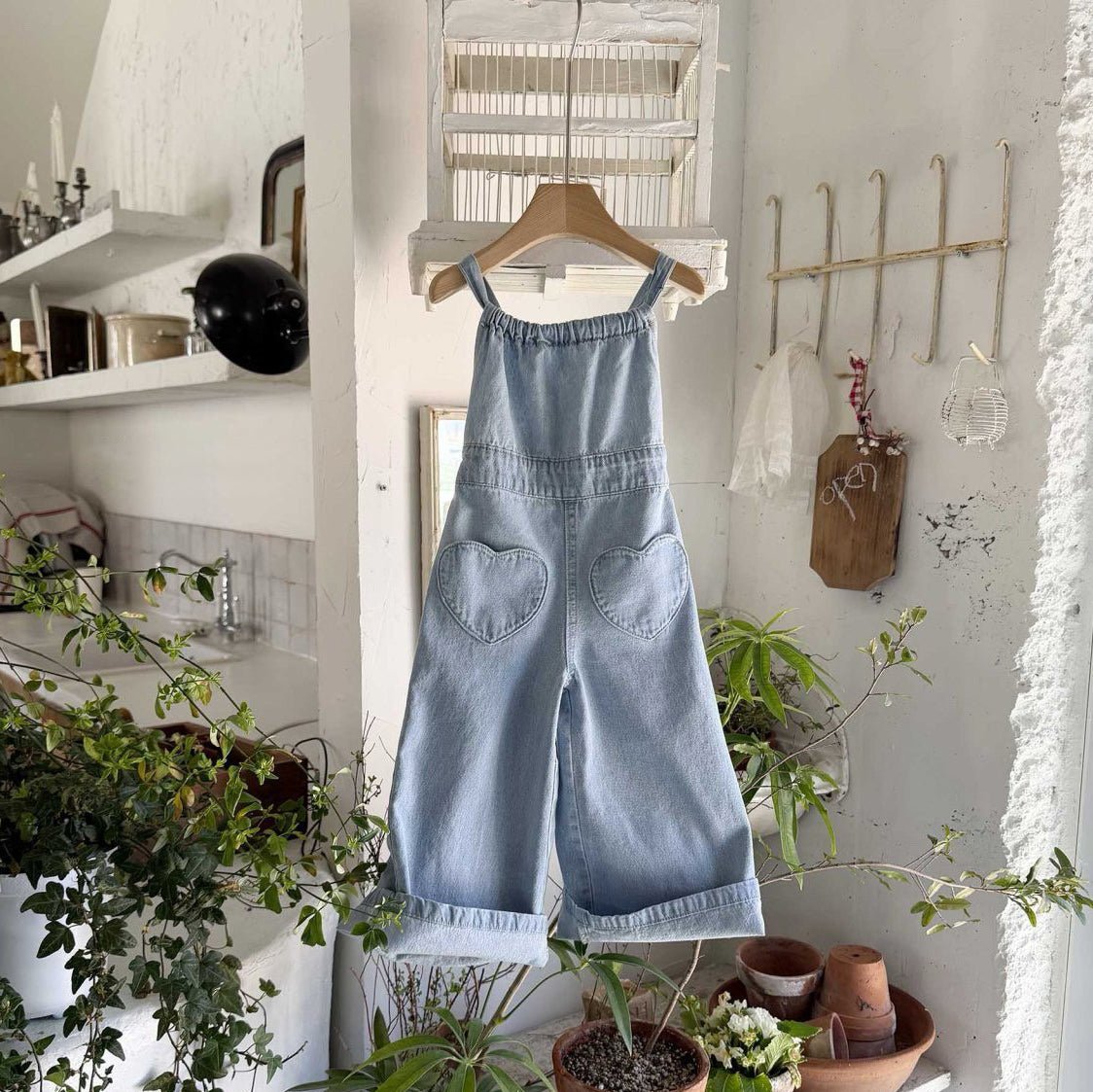 Toddler SS26 Heart Pocket Tie Back Overalls (1 - 6y) - Light Denim - AT NOON STORE